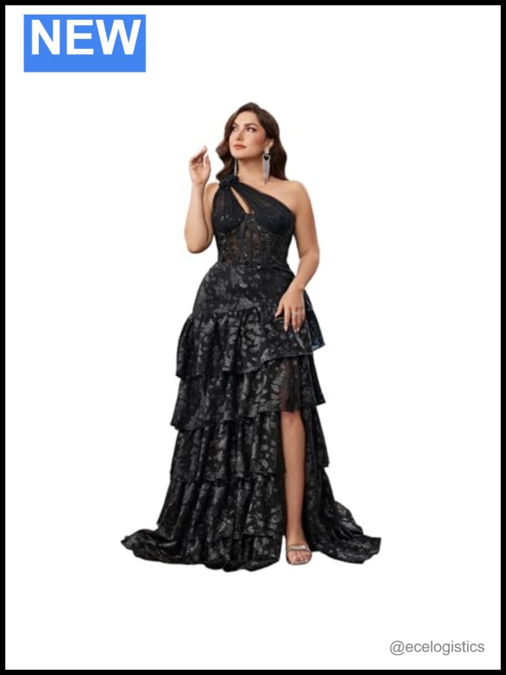 Plus Size Maxi Formal Dress Sequin Embroidery High Slit One Shoulder Tiered